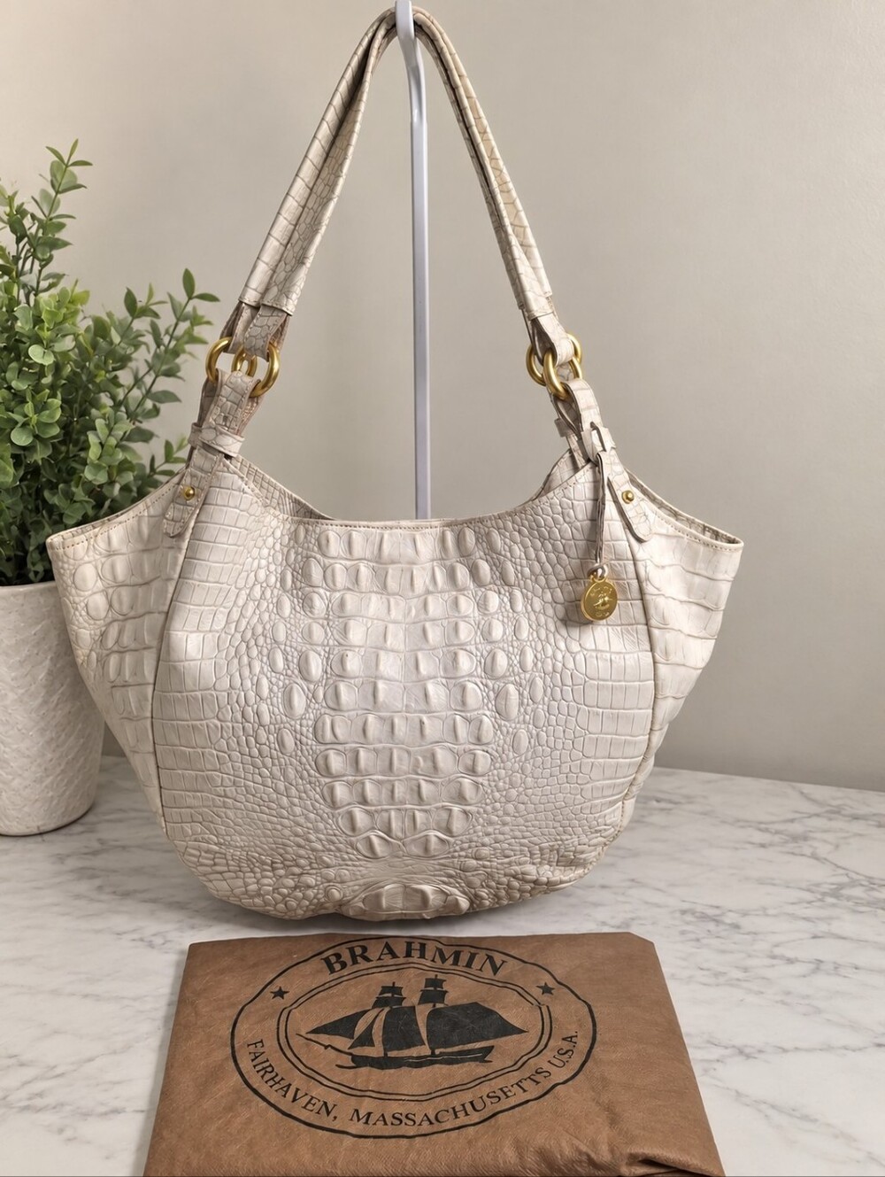 Brahmin Arno White Melbourne Croc Leather Tote Bag EUC